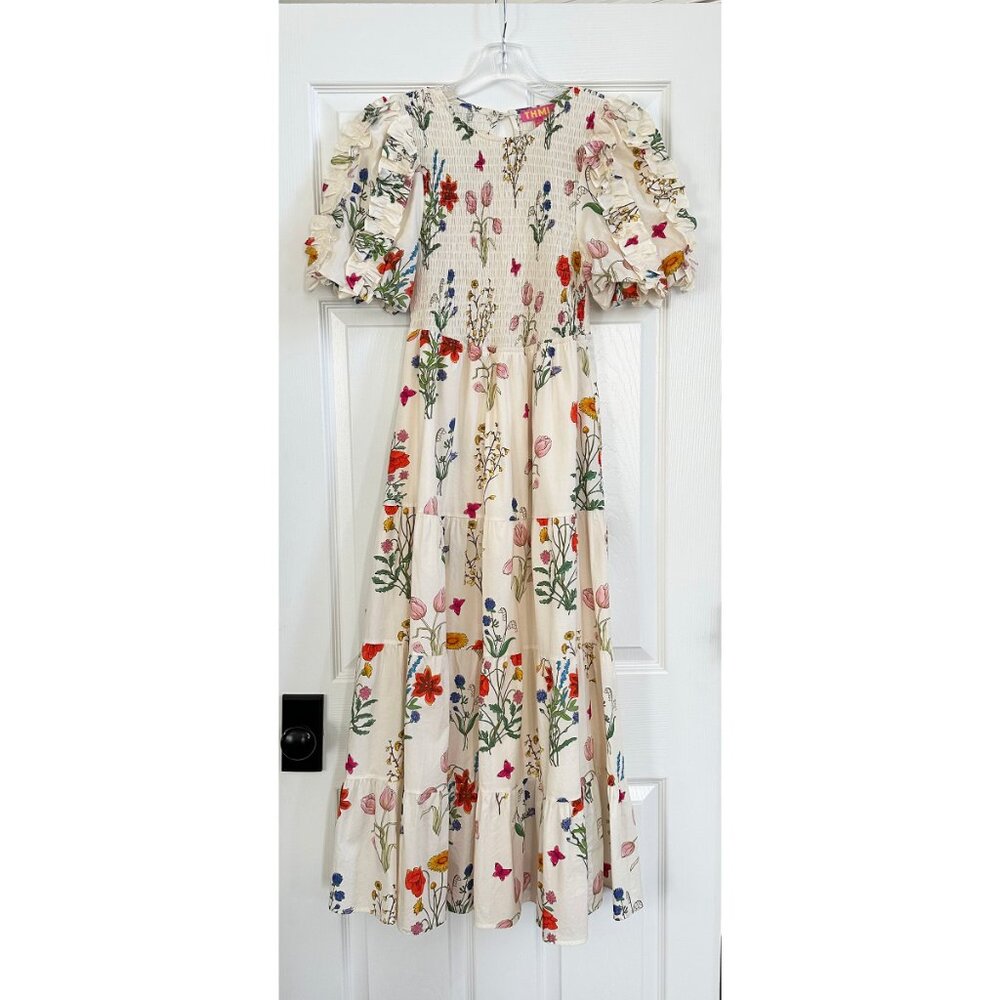 THML Ivory Floral Puff Sleeve Smocked Dress - Small
